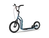 YEDOO Three Tretroller - ab 140 cm Körperhöhe, bis 120 kg, mit Luftreifen 16/12 - Cityroller für Erwachsene und Kinder mit verstellbaren Lenker und Ständer, blau