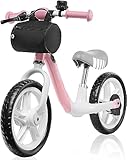 Lionelo Arie Laufrad Kinder Fahrrad bis 30 kg, Sattel und Lenker einstellbar, Handbremse, 12 Zoll Eva, Schaumräder, Metallrahmen, Fußstütze, Tasche, EN 71 (Rosa)